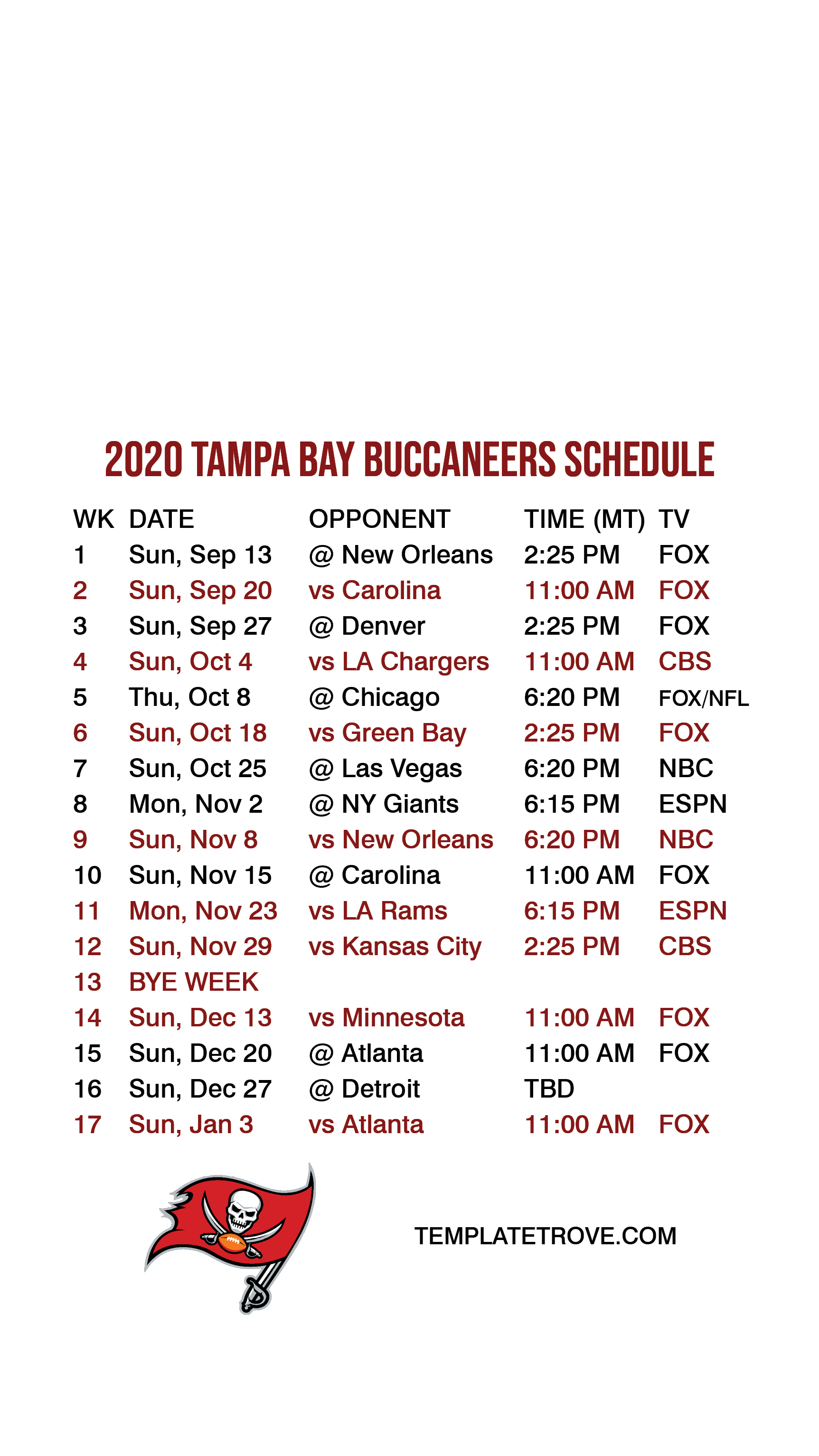 2020-2021 Tampa Bay Buccaneers Lock Screen Schedule for iPhone 6-7-8 Plus