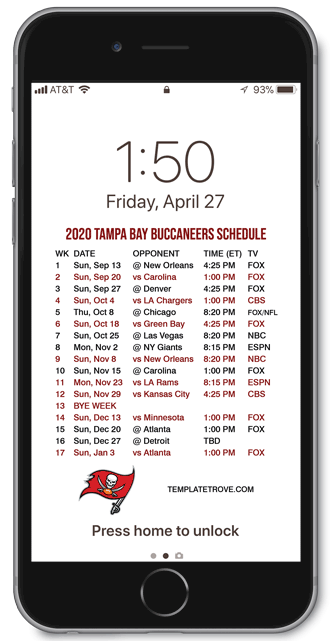 2020 Tampa Bay Buccaneers Lock Screen Schedule