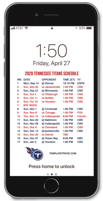 2020 Tennessee Titans Lock Screen Schedule