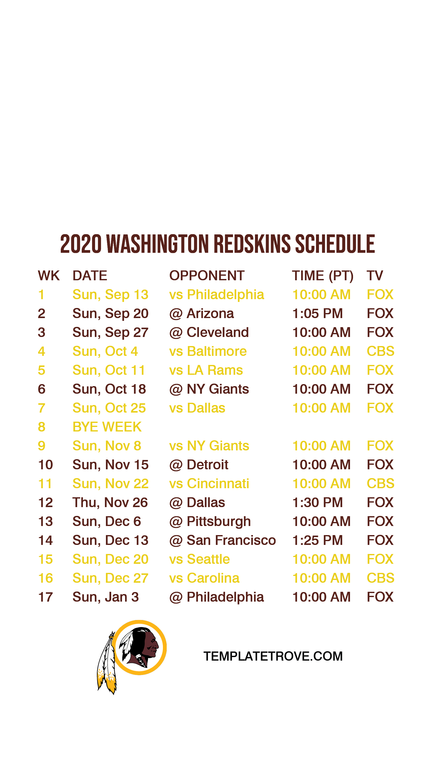 washington redskins schedule