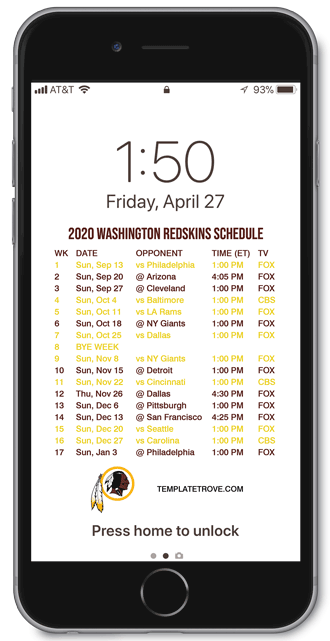 2020 Washington Redskins Lock Screen Schedule