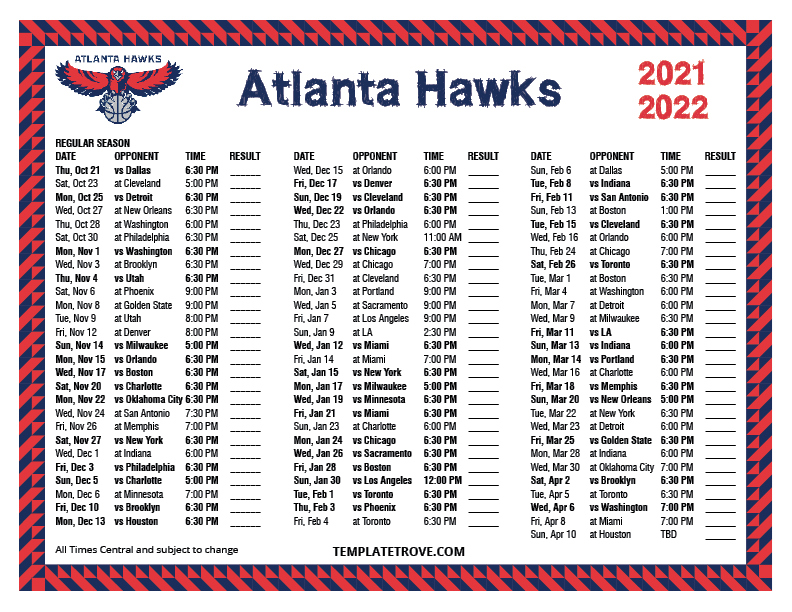 Printable 20212022 Atlanta Hawks Schedule