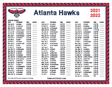 Atlanta Hawks 2021-22 Printable Schedule - Pacific Times