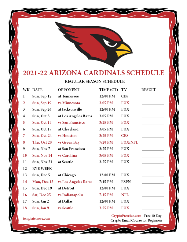 Cardinals Schedule 2022 Nfl Printable 2021-2022 Arizona Cardinals Schedule