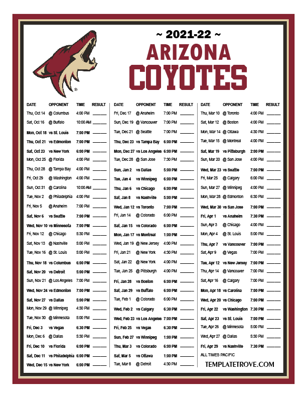 Printable 20212022 Arizona Coyotes Schedule