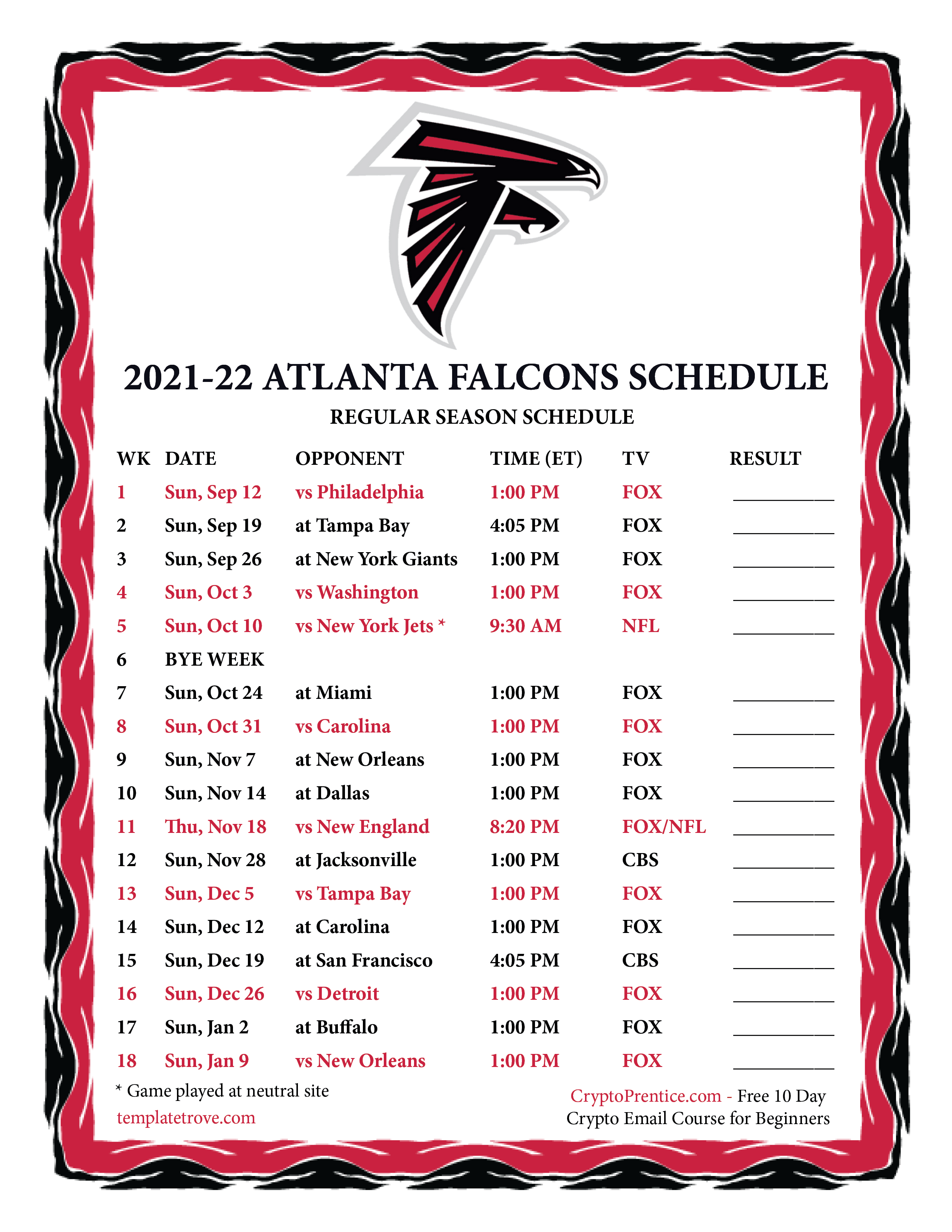 falcons regular season schedule