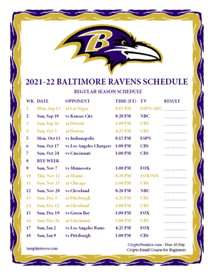 Baltimore Ravens 2021-22 Printable Schedule