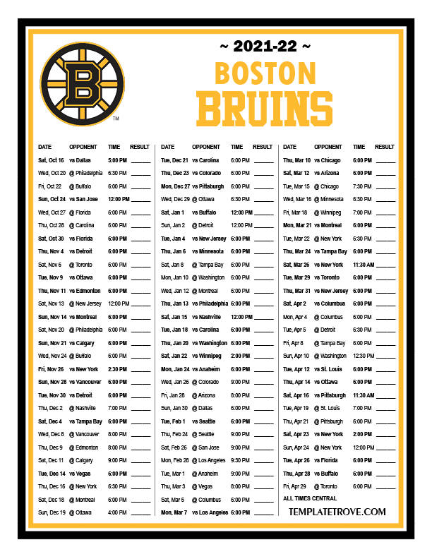 Printable 20212022 Boston Bruins Schedule