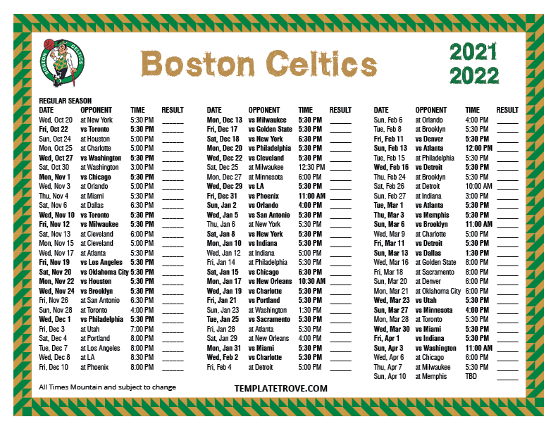 Printable 20212022 Boston Celtics Schedule