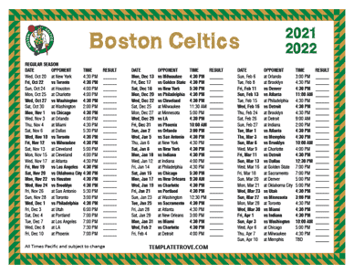 Boston Celtics 2021-22 Printable Schedule - Pacific Times