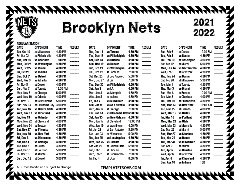 Printable 20212022 Brooklyn Nets Schedule
