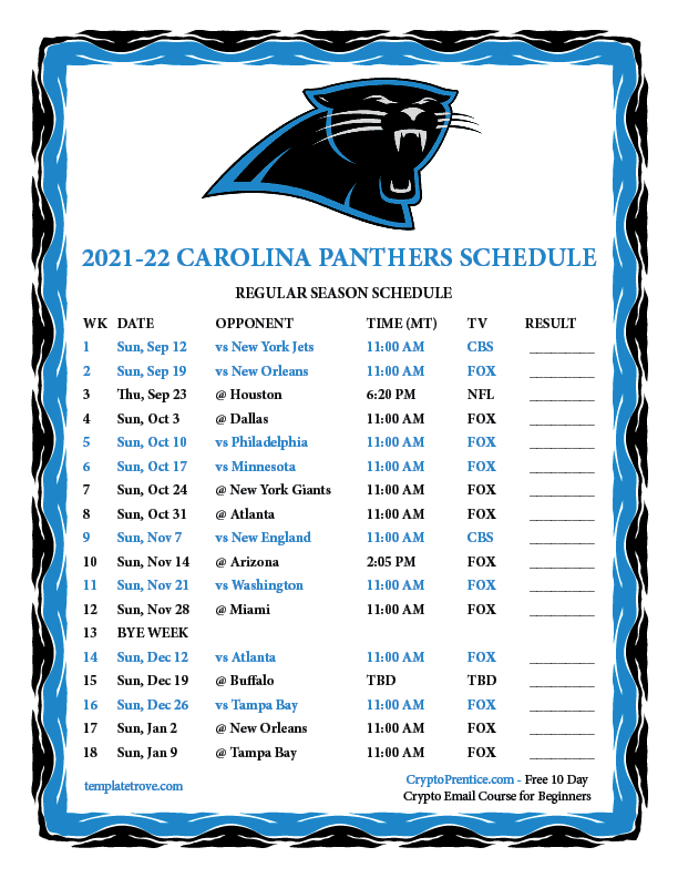 Printable 20212022 Carolina Panthers Schedule