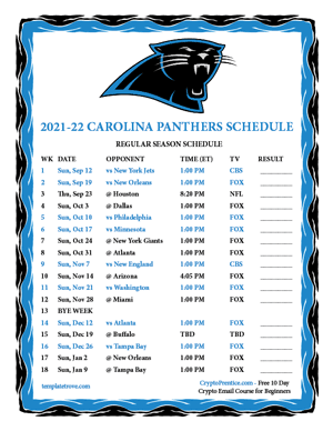 Carolina Panthers 2021-22 Printable Schedule