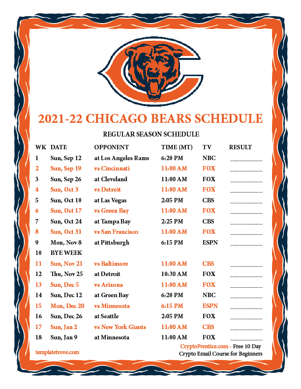 Printable 2021-2022 Chicago Bears Schedule