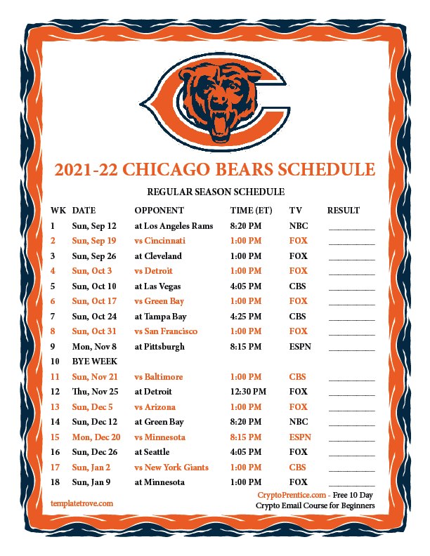 Printable 20212022 Chicago Bears Schedule