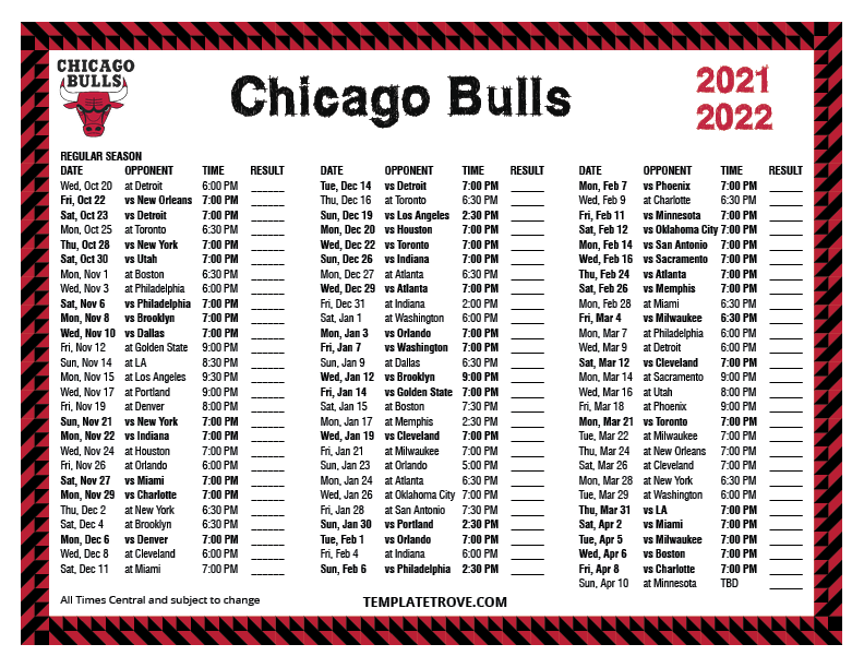Printable 20212022 Chicago Bulls Schedule