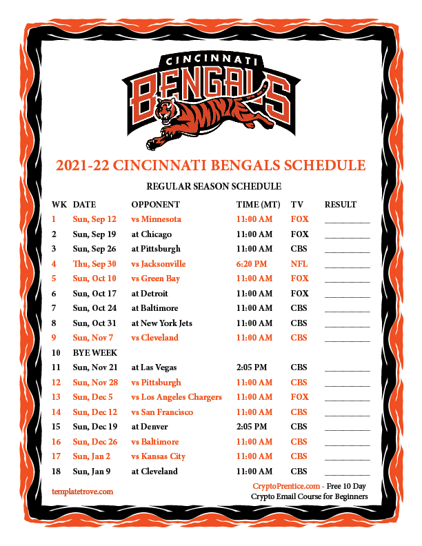 Printable 20212022 Cincinnati Bengals Schedule