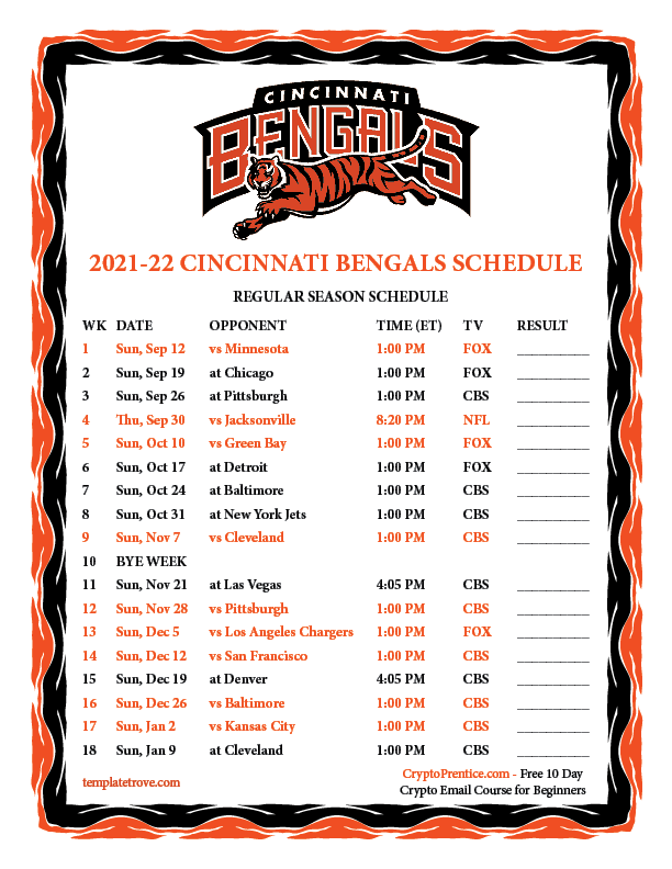 Printable 2021-2022 Cincinnati Bengals Schedule