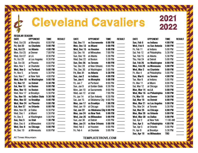 Printable 20212022 Cleveland Cavaliers Schedule
