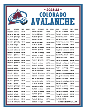 Colorado Avalanche 2021-22 Printable Schedule - Pacific Times