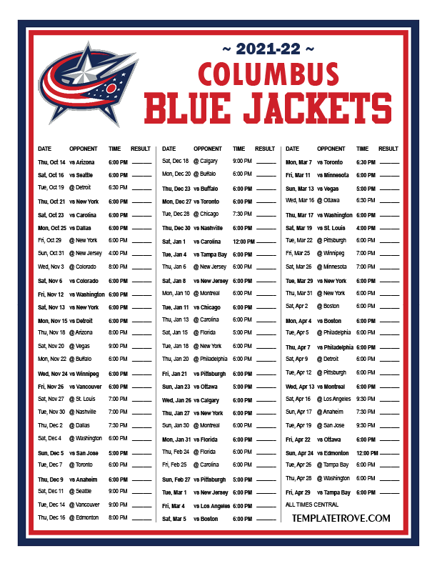 Printable 2021-2022 Columbus Blue Jackets Schedule