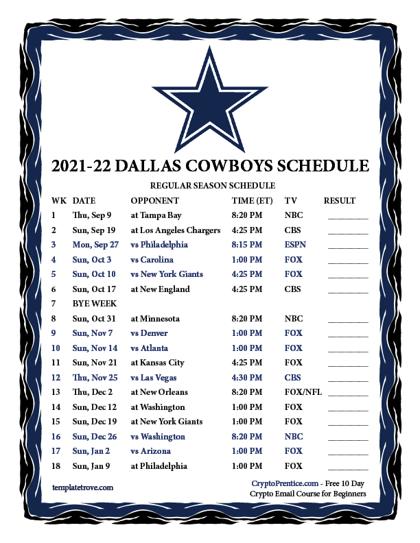 Printable 2021-2022 Dallas Cowboys Schedule