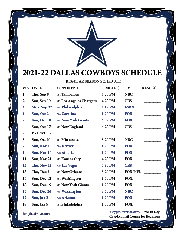 Printable 2021 2022 Dallas Cowboys Schedule