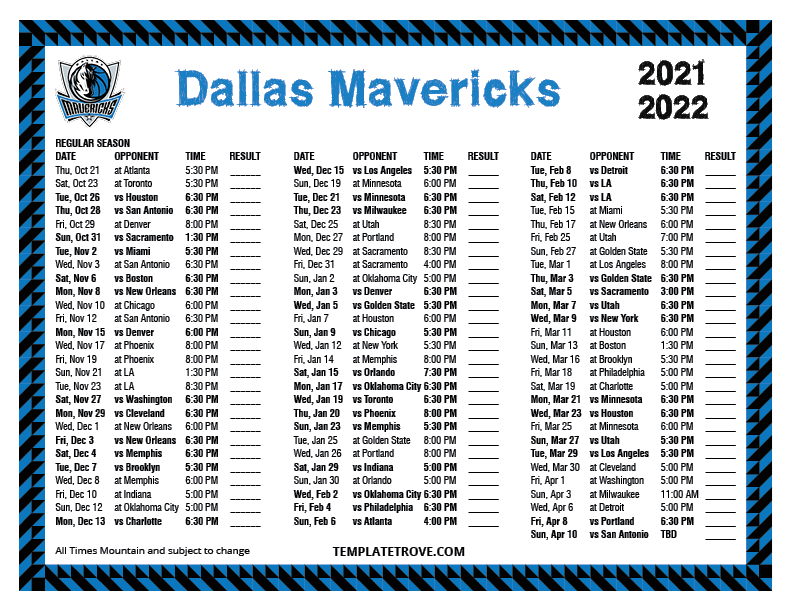 Mavericks Schedule 2022 Printable 2021-2022 Dallas Mavericks Schedule