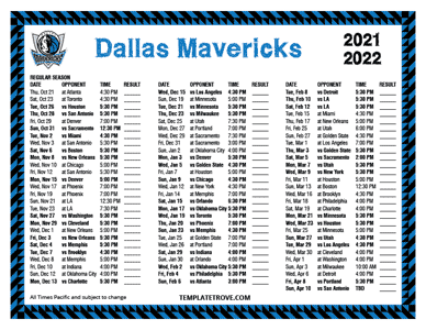 Dallas Mavericks 2021-22 Printable Schedule - Pacific Times
