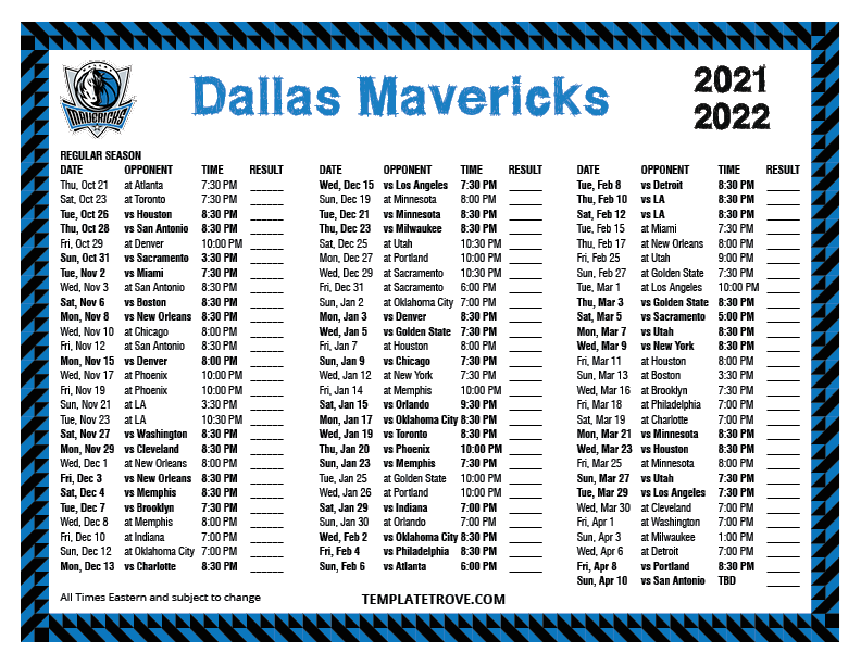 Mavs Schedule 2022 Printable 2021-2022 Dallas Mavericks Schedule