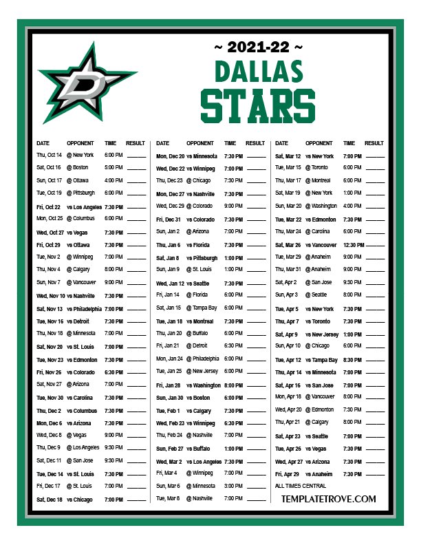 Printable 2021 2022 Dallas Stars Schedule