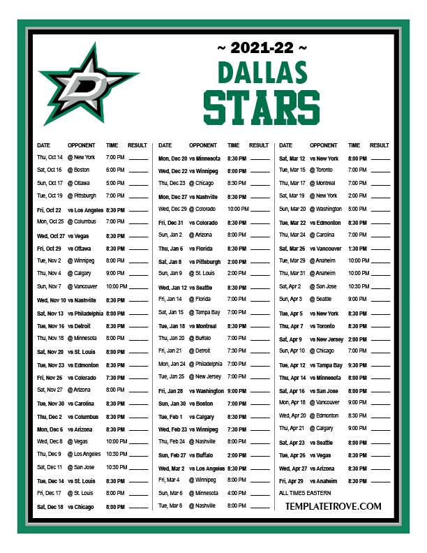 Printable 2021-2022 Dallas Stars Schedule