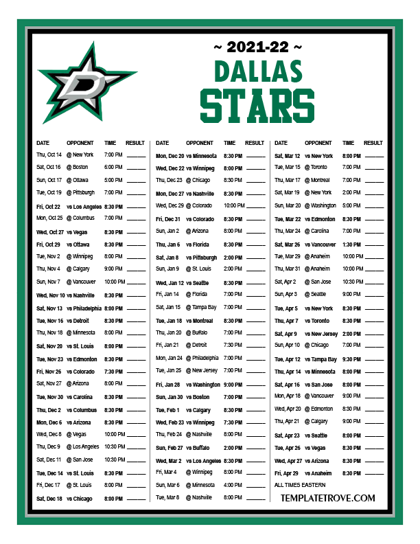 Printable 2021 2022 Dallas Stars Schedule