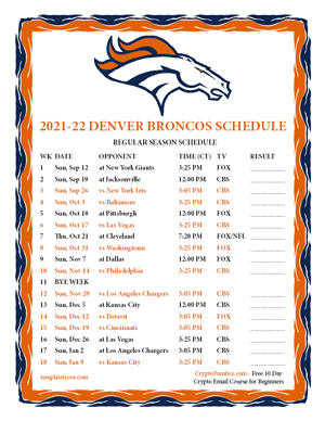 Denver Broncos 2021-22 Printable Schedule - Central Times