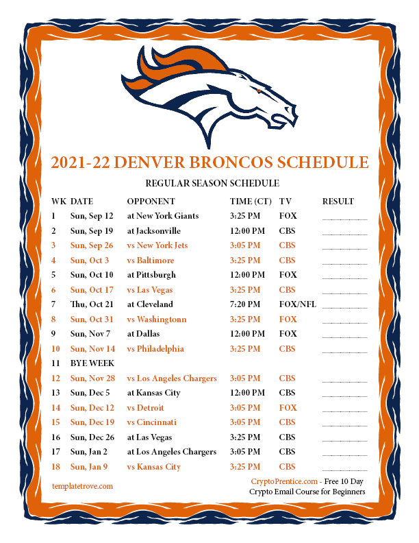 Printable 2021-2022 Denver Broncos Schedule