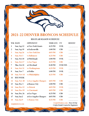 Denver Broncos 2021-22 Printable Schedule