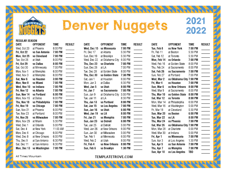 Printable 20212022 Denver Nuggets Schedule