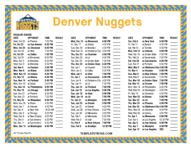 Denver Nuggets 2021-22 Printable Schedule - Pacific Times
