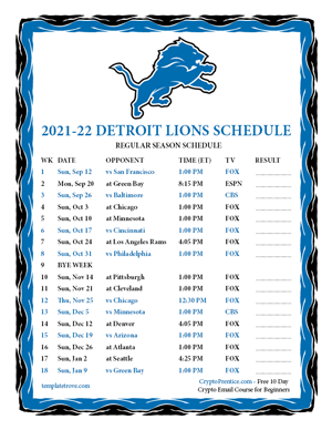 Detroit Lions 2021-22 Printable Schedule