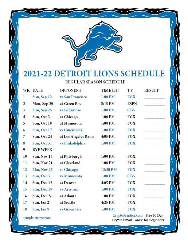 Lions Preseason Schedule 2022 Printable 2021-2022 Detroit Lions Schedule