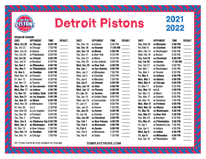 Printable 20212022 Detroit Pistons Schedule