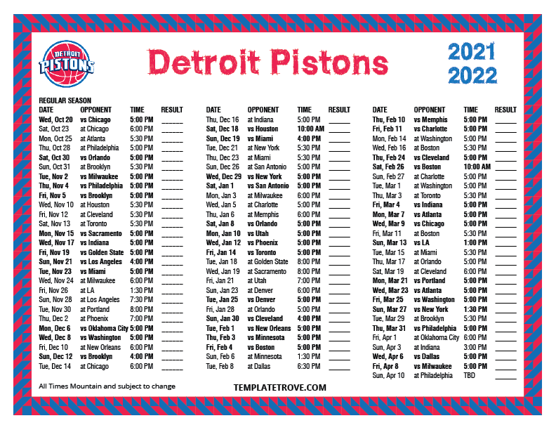 2021 2022 Printable Detroit Pistons Schedule Mountain Times 