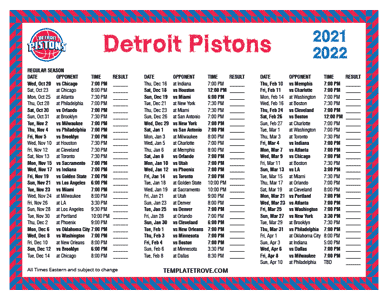 Detroit Pistons 2021-22 Printable Schedule