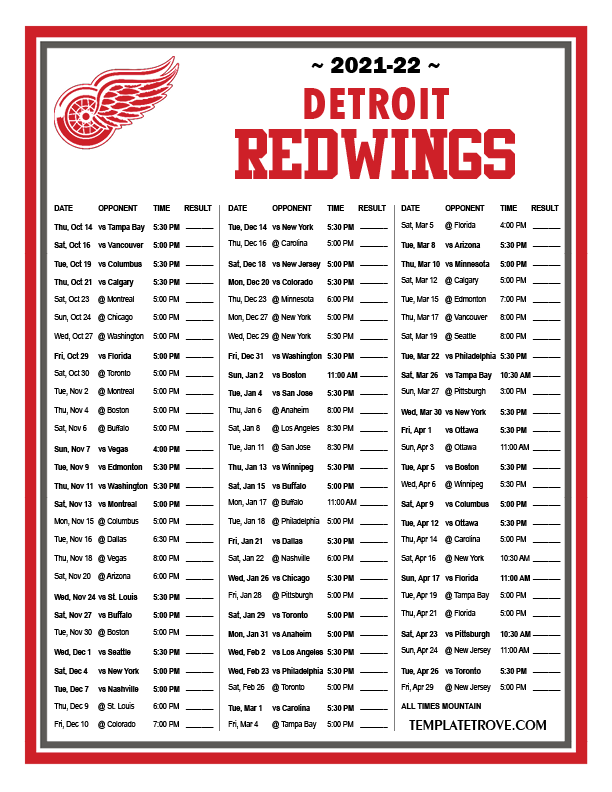 Printable 2021 2022 Detroit Red Wings Schedule