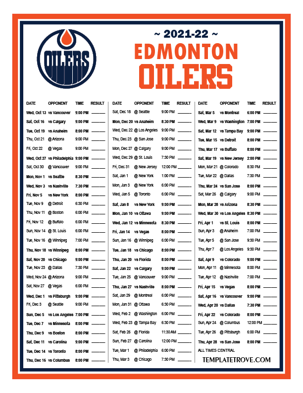 Printable 2021-2022 Edmonton Oilers Schedule