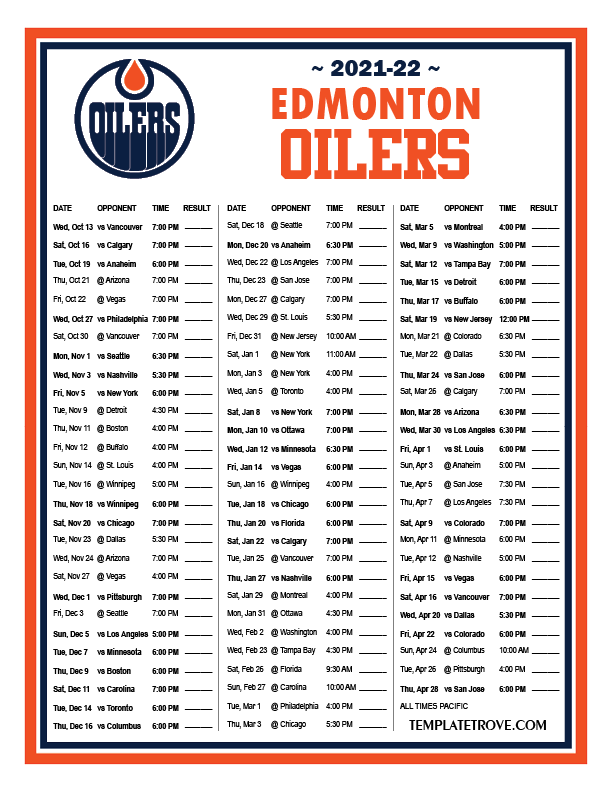 Printable 2021 2022 Edmonton Oilers Schedule