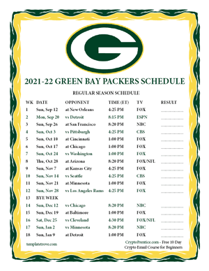 Green Bay Packers 2021-22 Printable Schedule