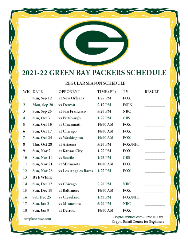 Printable 20212022 Green Bay Packers Schedule