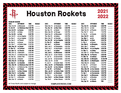 Houston Rockets 2021-22 Printable Schedule - Pacific Times
