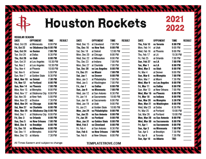 Houston Rockets 2022 Schedule Printable 2021-2022 Houston Rockets Schedule